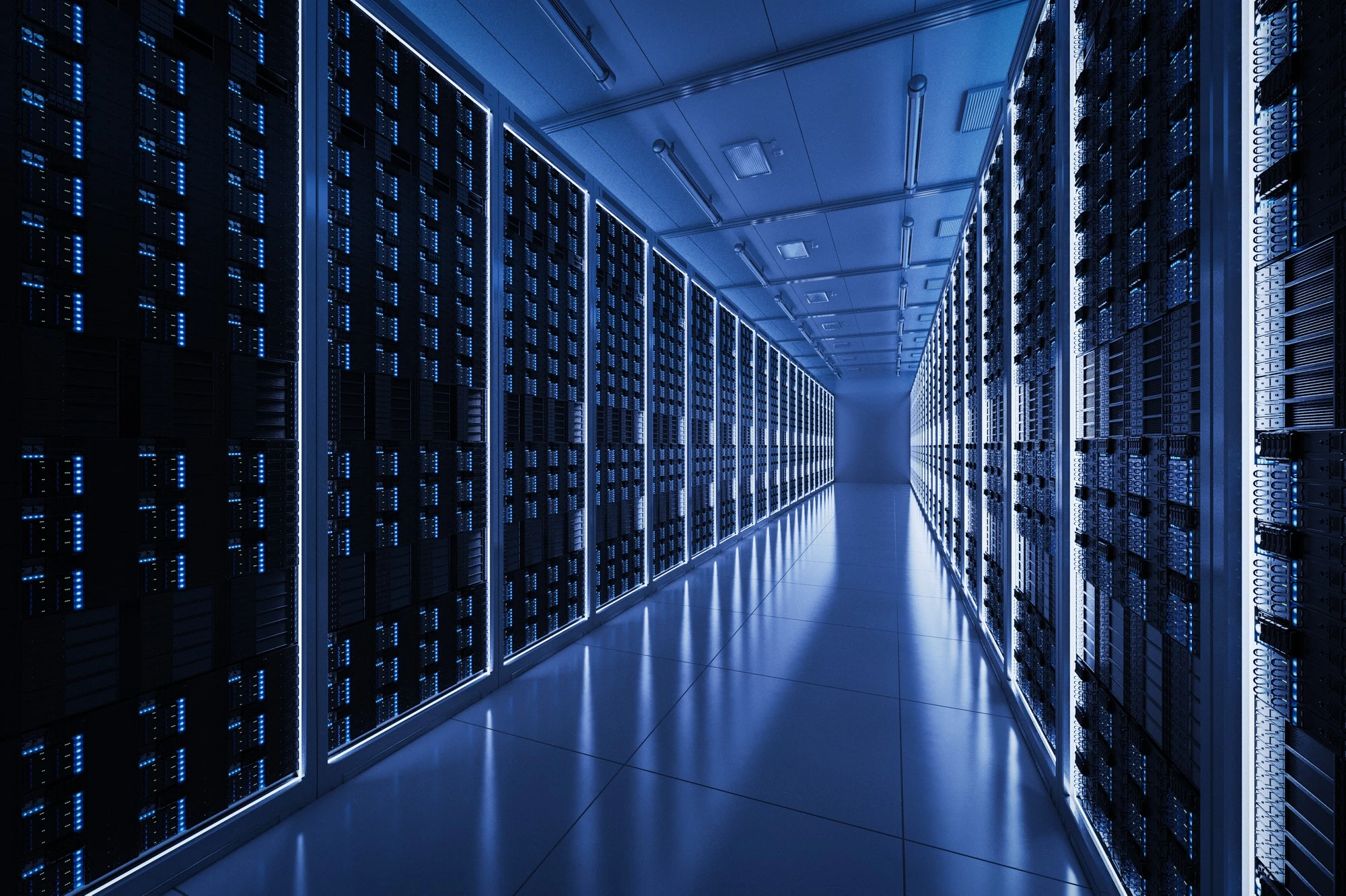 Rows of servers inside a data center
